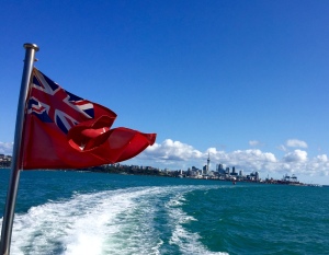 A view of Auckland from a ferry to Half Moon Bay. (I skillfully captured the Kiwi flag as well...)